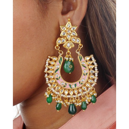 Meena kari green pink chand earrings