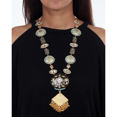 Pastel blue and black meena necklace
