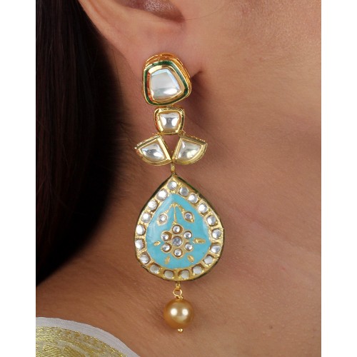 Blue meenakari drop kundan earrings